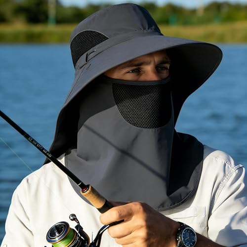 Sun Hat for Men and Women, UPF 50+ UV Protection, Wide Brim Breathable, Fish Hat with Neck Flap and Breathable Face Mask - color: Dark Gray