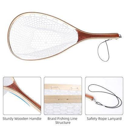 Hipicute Fly Fishing Net, Trout Net, Wooden Frame Fly Fishing Landing Net with Soft Rubber Mesh for Catch and Release, Lightweight Fish Net for Trout Bass, Fly Fishing Gear for Stream Fishing - color: White-02, style: Round Holes-01