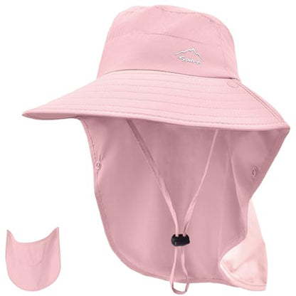 Rosoz Sun Hat for Men Women with Neck Flap,Wide Brim UPF50+ Fishing Hat with Detachable Face Cover Outdoor Sun Protection Hat - color: 1pack-pink