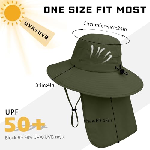Sun Hats for Men Women, UPF50+ Protection Safari Hat,Wide Brim Fishing Hat with Neck Flap,Bucket Hats for Beach Hiking - color: Green