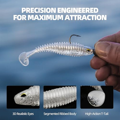 30pcs Soft Plastic Swimbaits with Paddle Tail, T-Tail Fishing Lures for Vertical Jigging and Casting, Freshwater Swimbaits for Bass, Trout, Walleye & Crappie - color: Dual Ribbed, 3''