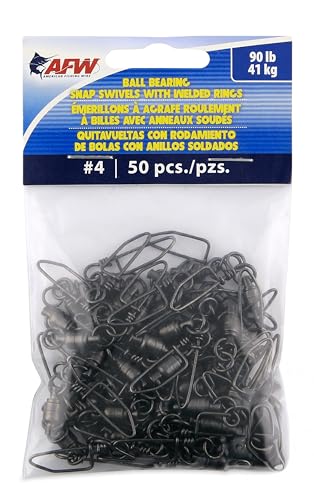 AFW Solid Brass Ball Bearing Snap Swivels with Welded Rings - Black Finish, Up to 450 lb Test Capacity, Patented Bullet Shaped Head for Reduced Water Resistance, Fluid Rotation - size: 50 pc, #4, 90 lb test