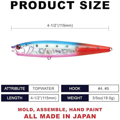LUCKY CRAFT Gunfish 115NF Top Water Bass Fishing Lures, 4.5” Floating Lure with Cupped Mouth, Freshwater Trout and Bass Lures Fishing Gear, Accessories for Tackle Box - color: 386 Blue Pink Sardine RT (Red Tail)