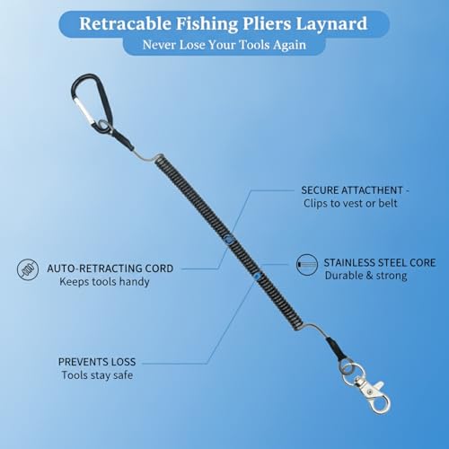 Retractable Fishing Pliers Lanyard, Stainless Steel Wire Tool Tether with TPU Coating, Auto-Retracting Clip for Kayak and Boat Fishing Gear Security (1 PC)