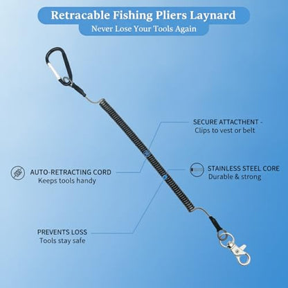 Retractable Fishing Pliers Lanyard, Stainless Steel Wire Tool Tether with TPU Coating, Auto-Retracting Clip for Kayak and Boat Fishing Gear Security (1 PC)