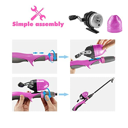Urban Deco Kids Fishing Pole Set Portable Telescopic Kids Fishing Rod and Reel Combo Kit with Tackle Box for Beginners, Boys,Girls,Youth,Children - color: Pink