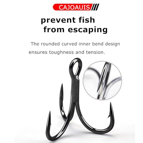 CAJOAUIS100pcs Fishing Treble Hooks Sharp Black Treble Fishing Hooks Round Bend Strong High Carbon Steel Barbed Fish Hook for Catfish Bass Trout Freshwater Saltwater Size: 2#-12# - size: 10#-100pcs