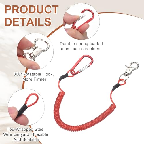 PATIKIL Fishing Lanyard, (39.37" Length, Red) (3Pcs), Retractable Coiled Tether Anti-Lost Rope Coiled with Carabiners and 360° Rotatable Hook, Suit for - Fishing/Hunting/Hiking/Boating - color: Red, size: 39.37"