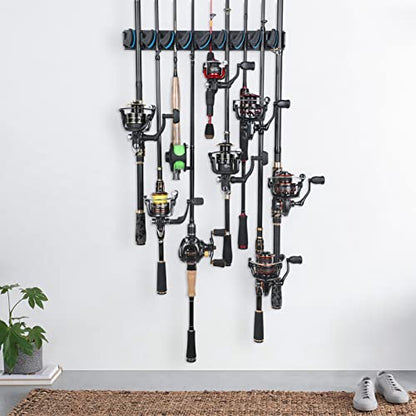PLUSINNO Vertical Fishing Rod Holder, Wall Mounted Fishing Rod Rack, Fishing Pole Holder Holds Up to 9 Rods or Combos, Fishing Rod Holders for Garage, Fishing Gear and Gifts for Men - style: Blue 1-pack (store 9 combos)