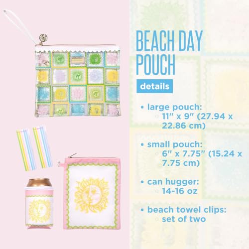 Lilly Pulitzer Water Resistant Vinyl Beach Day Pouch, Zipper Bag Includes Drink Hugger, Small Pouch, and Towel Clips - color: Sun Tiles Home