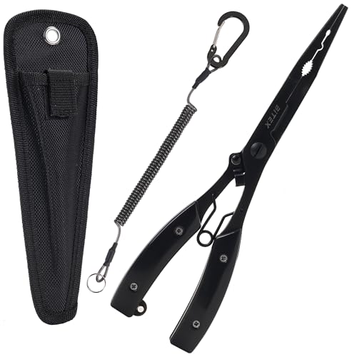 BiteX Saltwater Long Nose Fishing Pliers with Braid Cutter & Hook Remover | Titanium-Coated Stainless Steel, Extended Reach, Better Control, Deep-Set Hook Remover, One-Hand Operation, Lanyard & Sheath