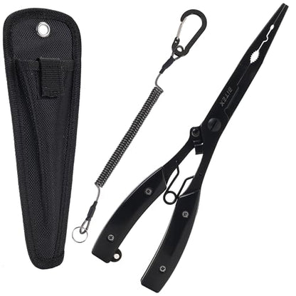 BiteX Saltwater Long Nose Fishing Pliers with Braid Cutter & Hook Remover | Titanium-Coated Stainless Steel, Extended Reach, Better Control, Deep-Set Hook Remover, One-Hand Operation, Lanyard & Sheath