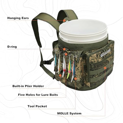 Fishing Bucket Backpack with Rod & Plier Holder and Pockets for Fishing, Hunting, Apple Picking for 5 Gallon Bucket (Camo) - color: Camo