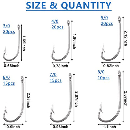 O'shaughnessy Saltwater Fishing Hooks Kit, 100pcs Long Shank Stainless Steel Sea Hooks Assortment for Freshwater and Saltwater