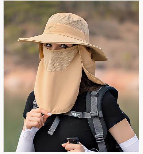 Sun Hat for Men Women, Summer UV Sun Protection Wide Brim Fishing Hat for Men with Face Cover & Neck for Hiking - color: Khaki(with Face Cover & Neck Flap)