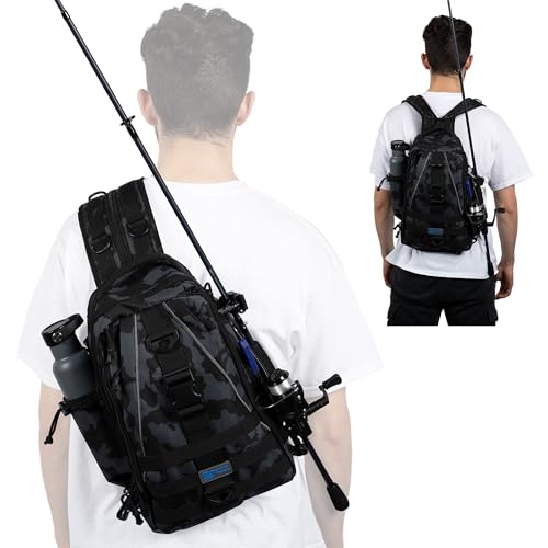 Reaction Tackle Camo Fishing Sling Bag, Water Resistant 2-in-1 Sling and Backpack with Rod Holder and Adjustable Straps, Small - size: Small