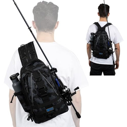 Reaction Tackle Camo Fishing Sling Bag, Water Resistant 2-in-1 Sling and Backpack with Rod Holder and Adjustable Straps, Medium - size: Medium