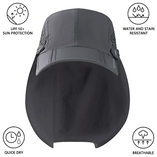 BASSDASH UPF 50+ Foldable Fishing Hat Baseball Cap with Removable Neck Flap Portable for Men Women Golf Hiking - color: Dark Grey With Foldable Brim