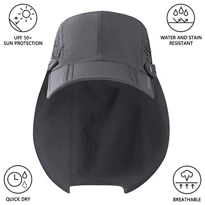 BASSDASH UPF 50+ Foldable Fishing Hat Baseball Cap with Removable Neck Flap Portable for Men Women Golf Hiking - color: Dark Grey With Foldable Brim