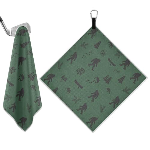 Sasquatch Green Print Magnetic Golf Towel for Men, 17.7x17.7in Golf Bag Towel with Carabiner Clip & Hidden Magnet, Heavy Duty Golf Club Cleaner - color: Sasquatch Green