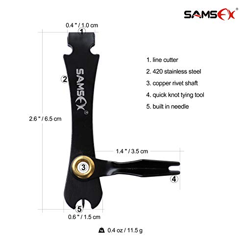 SAMSFX Locking Fishing Pliers Saltwater Resistant Teflon Coated Briad Line Cutters with Wire Coiled Lanyard, Sheath & Quick Knot Tool Combo - color: Black Color