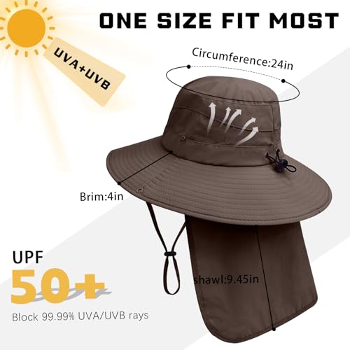 Sun Hats for Men Women, UPF50+ Protection Safari Hat,Wide Brim Fishing Hat with Neck Flap,Bucket Hats for Beach Hiking - color: Coffee