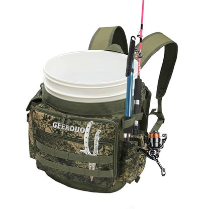 Fishing Bucket Backpack with Rod & Plier Holder and Pockets for Fishing, Hunting, Apple Picking for 5 Gallon Bucket (Camo) - color: Camo