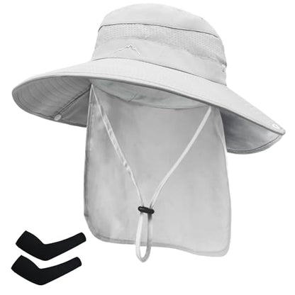 Sun Hats for Men Women, UPF50+ Protection Safari Hat,Wide Brim Fishing Hat with Neck Flap,Bucket Hats for Beach Hiking - color: Lightgreysleeves