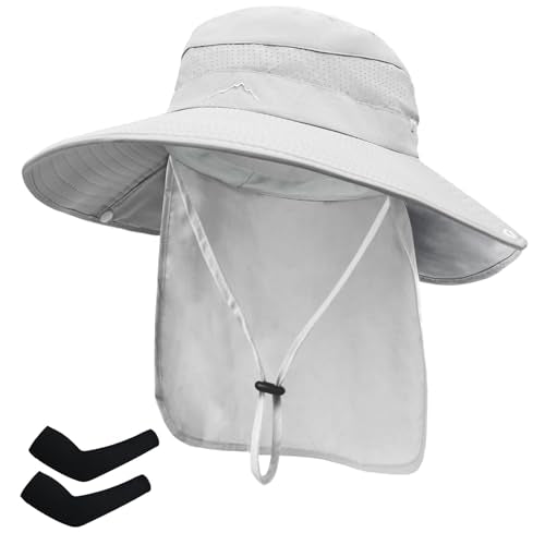 Sun Hats for Men Women, UPF50+ Protection Safari Hat,Wide Brim Fishing Hat with Neck Flap,Bucket Hats for Beach Hiking - color: Lightgreysleeves