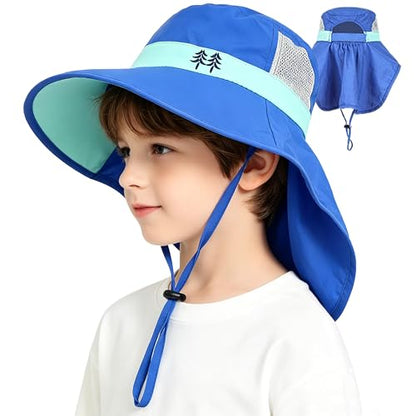 Kids Sun Hat Neck Flap UPF 50+ Quick-Dry Wide Brim Breathable Fishing Beach Hat for 6-12T Boys Girls Summer