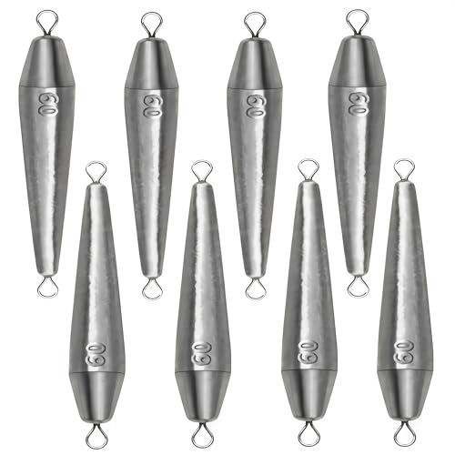 10PCS Fishing Weights, Inline Trolling Bullet Sinkers Double Ring Torpedo Fishing Weights Lead Drop Shot Fishing Weight Sinkers - 20g-50g - size: 2.1oz(60g)-8 Pack