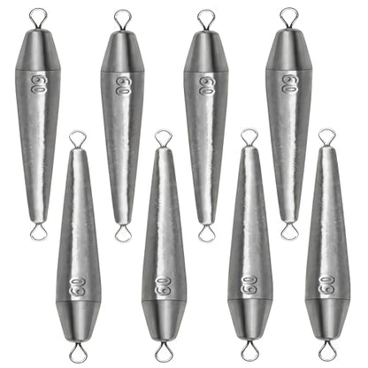 10PCS Fishing Weights, Inline Trolling Bullet Sinkers Double Ring Torpedo Fishing Weights Lead Drop Shot Fishing Weight Sinkers - 20g-50g - size: 2.1oz(60g)-8 Pack