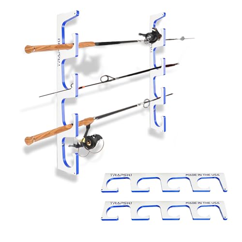 TRAPSKI Made in the USA Premium Fishing Rod/Pole Holder Rack Organizer | Wall or Boat Mounting Fishing Rod Rack | Marine Grade HDPE Plastic | Holder for up to 4 Rods | Stackable - color: H4 White/Blue