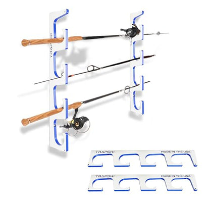TRAPSKI Made in the USA Premium Fishing Rod/Pole Holder Rack Organizer | Wall or Boat Mounting Fishing Rod Rack | Marine Grade HDPE Plastic | Holder for up to 4 Rods | Stackable - color: H4 White/Blue