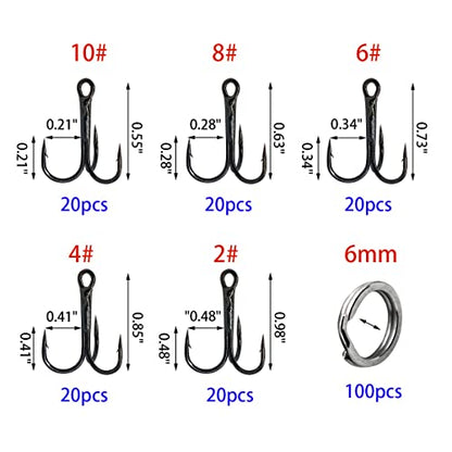 200 Pack Fishing Treble Hooks Kit High Carbon Steel Hooks Strong Sharp Round Bend with Split Rings for Lures Baits Saltwater Freshwater Fishing Size 2# 4# 6# 8# 10# - color: Mixed 200pcs