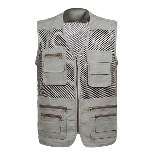 Mesh Breathable Vest for Men Fashion Lightweight Sleeveless Coats with Pockets Hiking Fishing Travel Outfits - color: Beige, size: Large