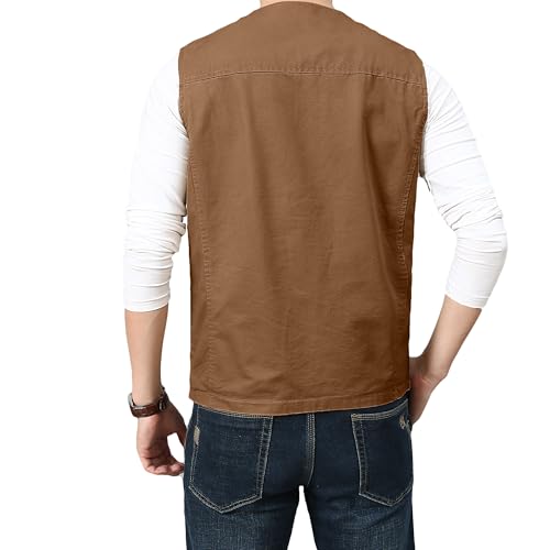 PRIJOUHE Men's Casual Outdoor Cotton Vest Lightweight Breathable Multi-Pocket Fishing Safari Travel Vests Outwear - color: 02-brown, size: Large