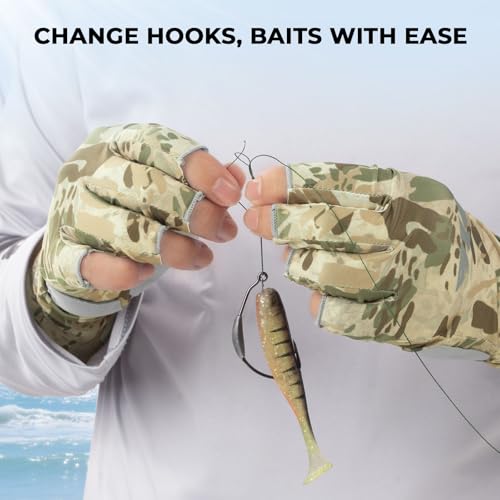 KastKing Agies Fishing Gloves Men, UPF 50+ Sun Gloves UV Protection, Cooling Quick-Dry 3/4 Fingerless Gloves with Extended Cuff, Microfiber Palm & Pull Tabs, for Fishing, Kayaking, Hiking, Hunting - color: X Camo-Multi Purpose, size: Small-Medium