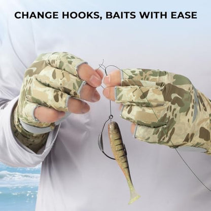 KastKing Agies Fishing Gloves Men, UPF 50+ Sun Gloves UV Protection, Cooling Quick-Dry 3/4 Fingerless Gloves with Extended Cuff, Microfiber Palm & Pull Tabs, for Fishing, Kayaking, Hiking, Hunting - color: X Camo-Multi Purpose, size: Large-X-Large