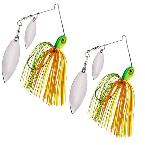 Reaction Tackle Tungsten Double Willow Spinnerbait, Compact Profile Bass Fishing Lure with Flash and Vibration for Largemouth and Smallmouth Bass (2-Pack) - color: Hot Tiger, size: 1/2 Oz