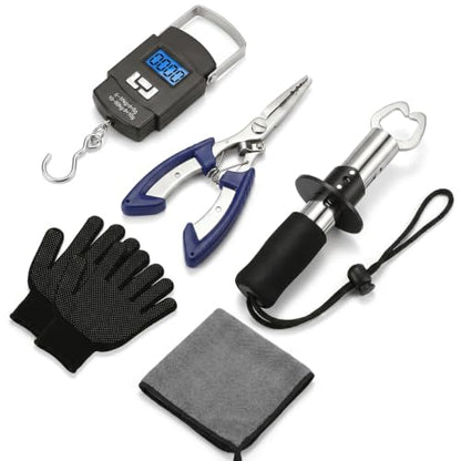 Fishing Tool Kit - Fishing Pliers, Hook Remover, Fish Gripper，Fish Scale, Fish Knife, Saltwater Fishing Gear with Sharpeners, Best Gifts for Men - color: Blue with Scale