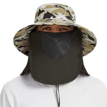 BASSDASH UPF 50+ Breathable Sun Hat with Removable Face Cover and Neck Flap Wide Brim Bucket Hat for Fishing Hiking Men Women - color: Mountain Camo/Dark Green