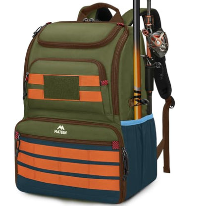 MATEIN Fishing Backpack Tackle Box, Tackle Backpack with Cooler for Men | Tackle Box Backpack, Fishing Bag with Rod Holders, Hold 4 3600 Tackle Boxes, Water Resistant, Gear Accessories, Fishing Gifts - color: Green & Orange & Blue