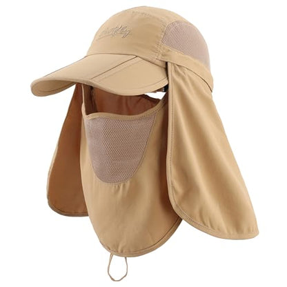 Connectyle Men's Foldable Baseball Sun Cap with Removable Face Mask Neck Flap Cover UPF 50+ Sun Protection Fishing Hiking Hat - color: Khaki