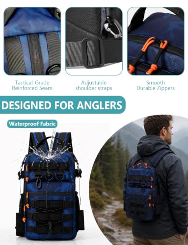 2 in 1 Compact Tactical Fishing Backpack with Tackle Boxes, Lightweight Waterproof Tackle Bag Fit 2 * 3600 Tackle Boxes, 2 Rod Holders Storage, Fishing Accessories Gift for Men Blue - color: Blue
