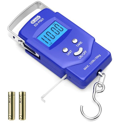 Dr.meter Fish Scale Luggage Scale Fishing Gear - 110lb Backlit LCD Display Digital Scale with Built-in Measuring Tape - Fishing Scale with 2 AAA Batteries, Pocket Size - Fishing Gifts for Men - color: Blue