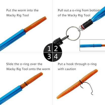 Reaction Tackle Wacky Rig Tool and O-Rings for Soft Plastic Worms, Bass Fishing Wacky Rig and Neko Rig Stick Bait Setup for Largemouth and Smallmouth - color: Black Tool plus 125 O-rings +10 hooks