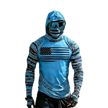 Men's UPF 50+ Sun Protection Hooded Shirt with Integrated Face Cover Long Sleeve Lightweight Rash Guard Shirts - color: Light Blue, size: Medium