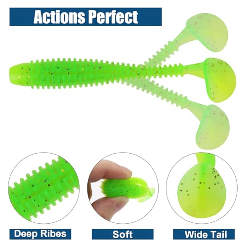Paddle Tail Swimbaits, 2.5 inch/3inch Soft Lures Fishing Trout Crappie Bass for Freshwater and Saltwater 75PCS/60PCS - color: Green Bean, size: 3 inch, 60 PCs