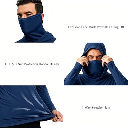 LeeHanTon Men UPF 50+ Sun Protection Hoodie Long Sleeve Shirts Dry-Fit UV Breathable Work Athletic Summer Pullover Sweatshirt - color: A-navy-with Mask, size: Small